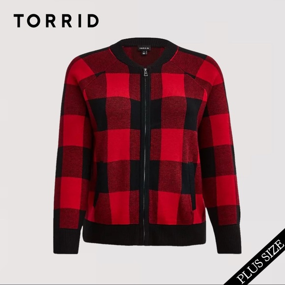 TORRID CARDIGAN ZIP UP BOMBER SWEATER PLAID - Picture 4 of 9